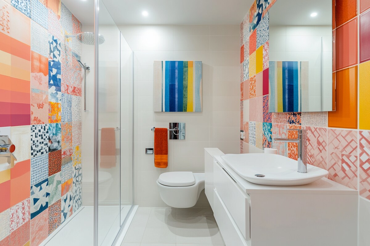 Modern Eclectic Small Bathroom Ideas With Multicoloured Wall Tiles And White Bathroom Cabinet