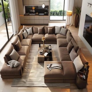 Modern Living Room Design With U-Shaped Brown Sofa Set