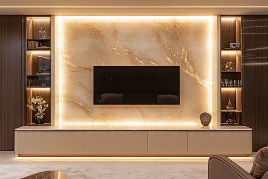 Contemporary Champagne-Toned and Wooden TV Cabinet Design with Marble ...