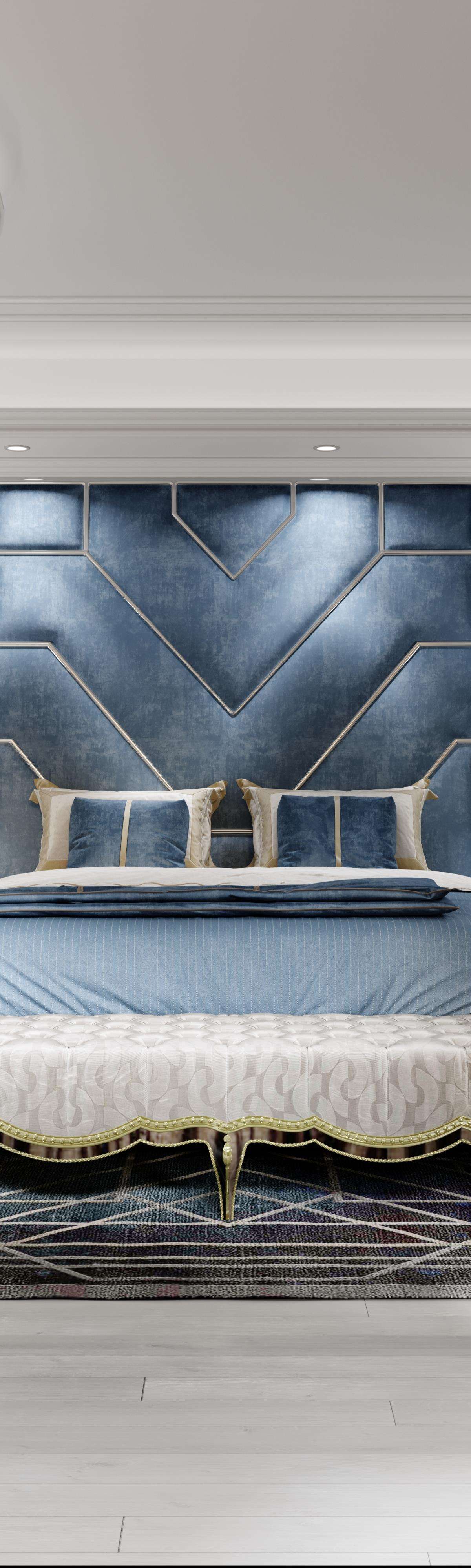Master Bedroom Design with a Blue Headboard