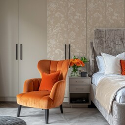 Modern Master Bedroom Design With Grey Square-Panelled Accent Wall