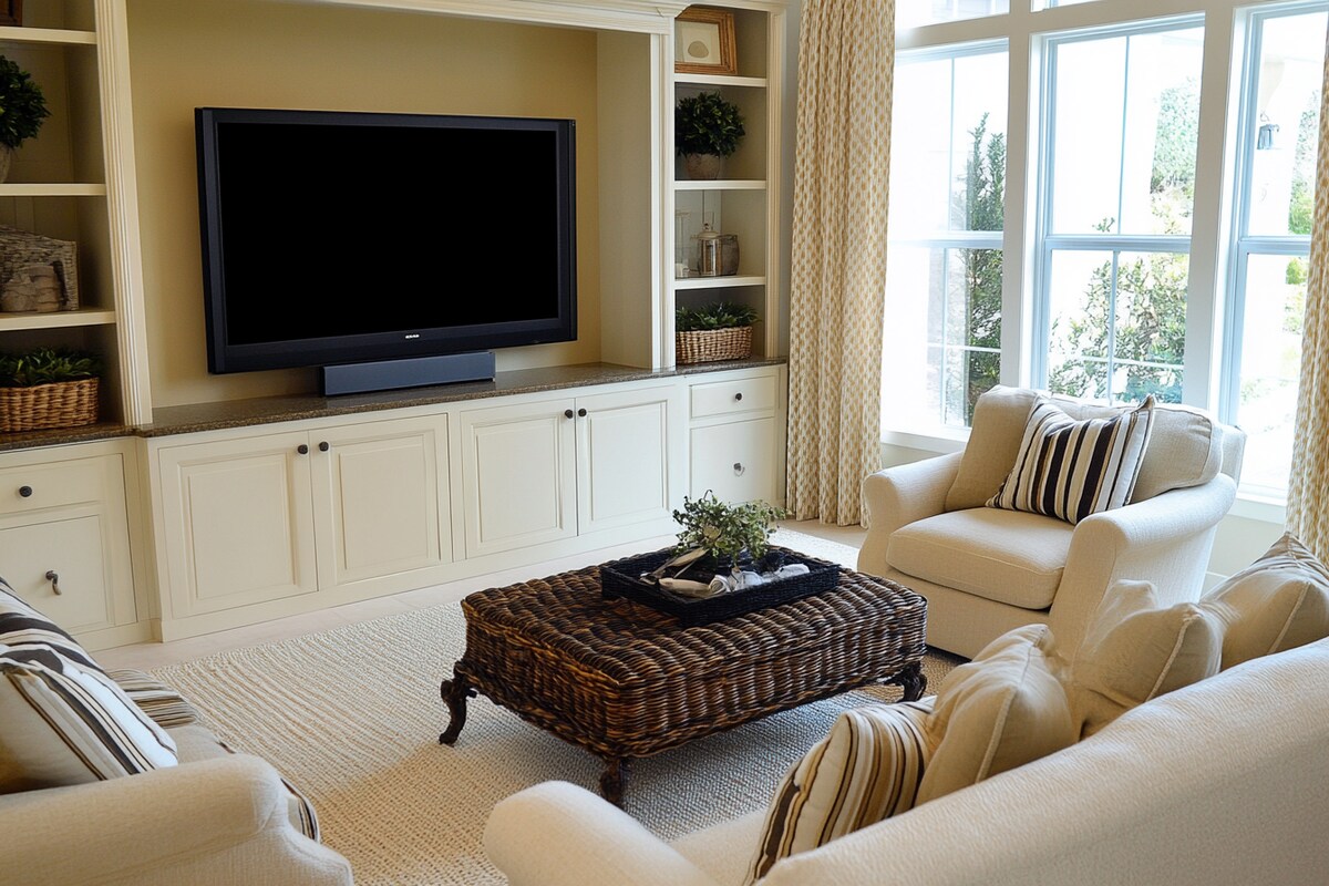 Modern Living Room Design With Light Cream Seating and Ample Storage