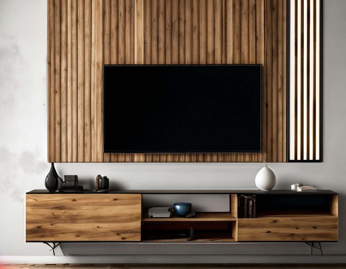Modern Wall mounted TV Unit Design With Wooden Cladding