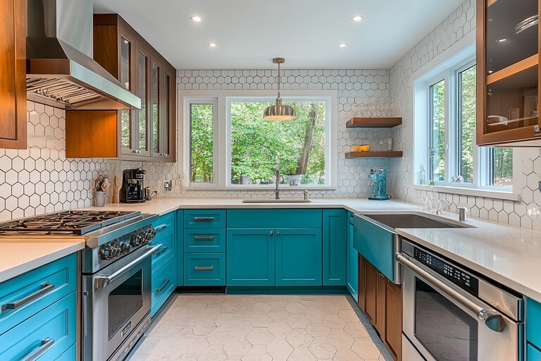Contemporary Modular U-Shaped Teal Blue And Brown Regalia Kitchen ...