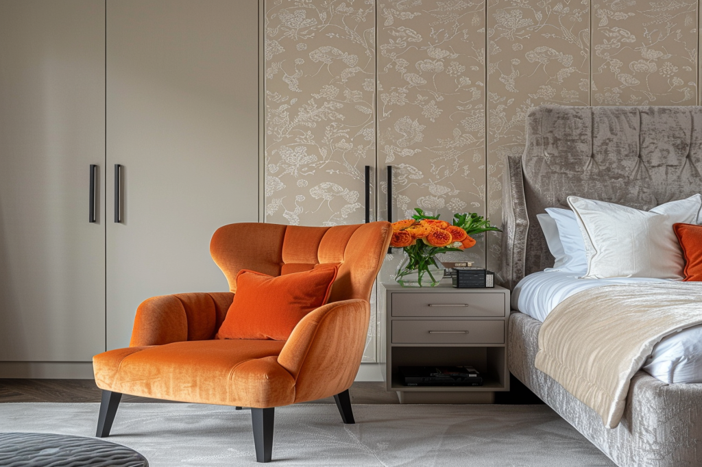 Modern Master Bedroom Design With Beige Patterned Wallpaper And Orange Accent Chair