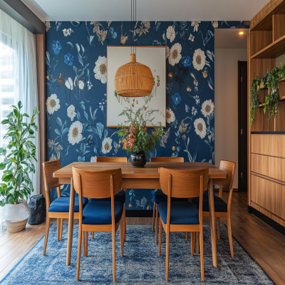 Contemporary Wooden 4-seater Dining Room Design With Blue Floral Wallpaper