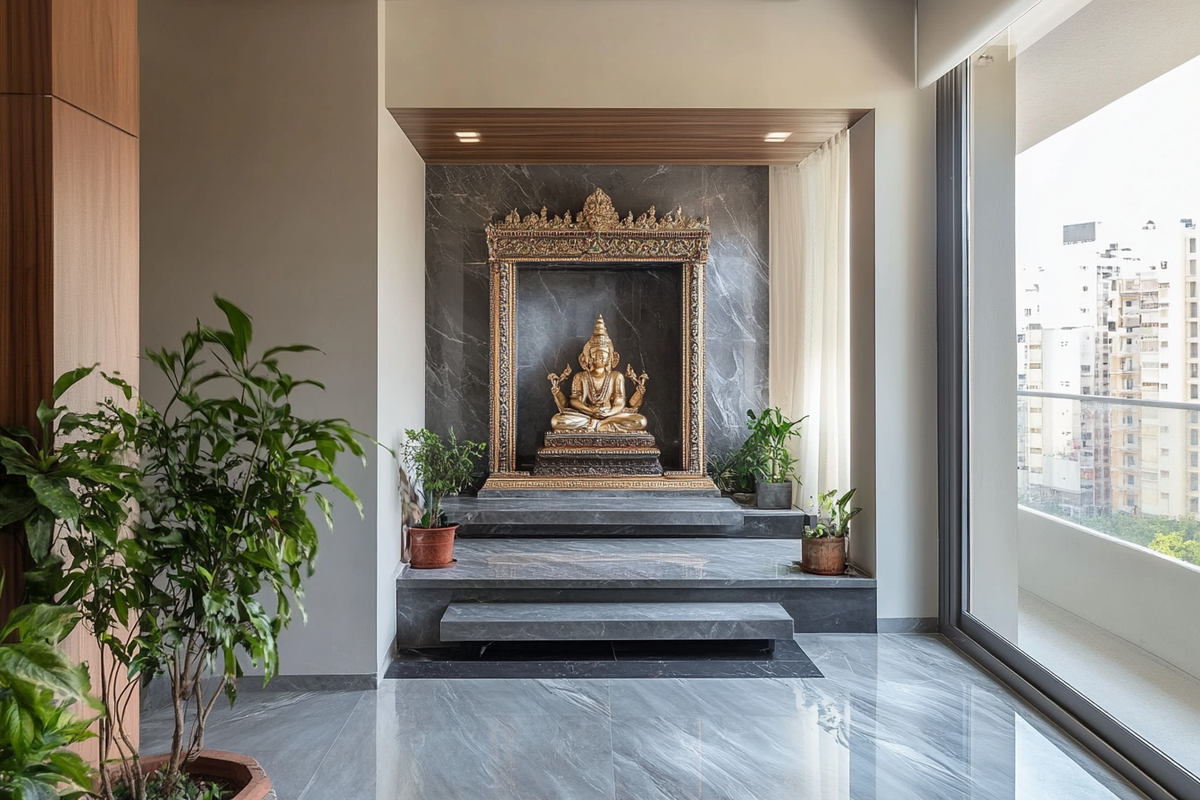 Modern Mandir Design With Grey Finished Loft