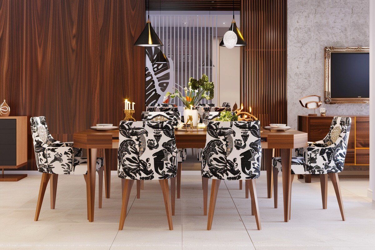 Modern 6-Seater Wooden Dining Room Design With Patterned Chairs Modern 6-Seater Wooden Dining Room Design With Patterned Chairs