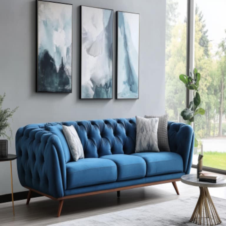 Modern Living Room Design With Blue 3-Seater Sofa