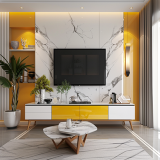 Modern Yellow and White TV Unit Design with Marble Panel