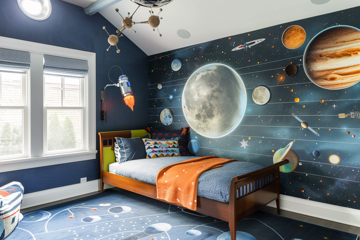 Contemporary Blue Boys Room Design With Space-Themed Wallpaper