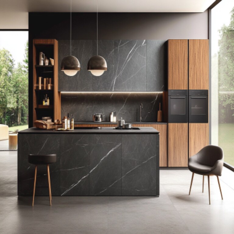 Modular Contemporary Wood And Grey Parallel Kitchen Design With Grey Marble Kitchen Backsplash