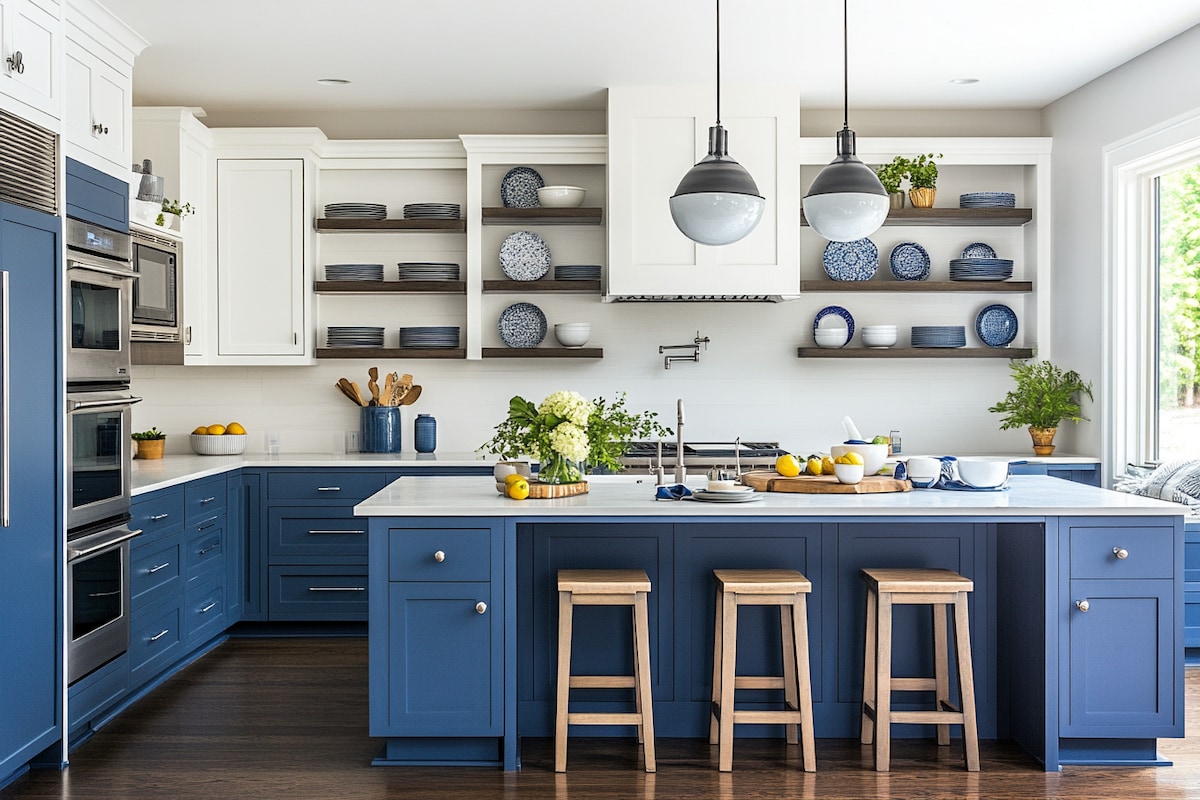 Modern Island Kitchen Design with Blue and White Cabinets