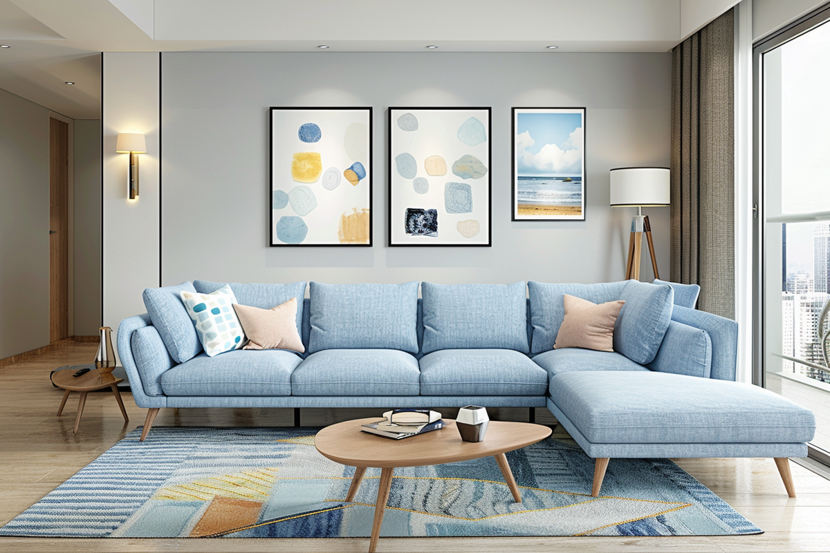 Modern Living Room Design With Light Blue L-Shaped Textured Sofa