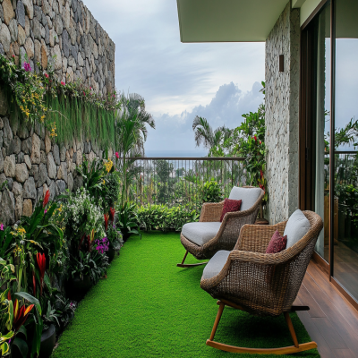 Tropical Balcony Design With Turf Grass And Stone Wallpaper