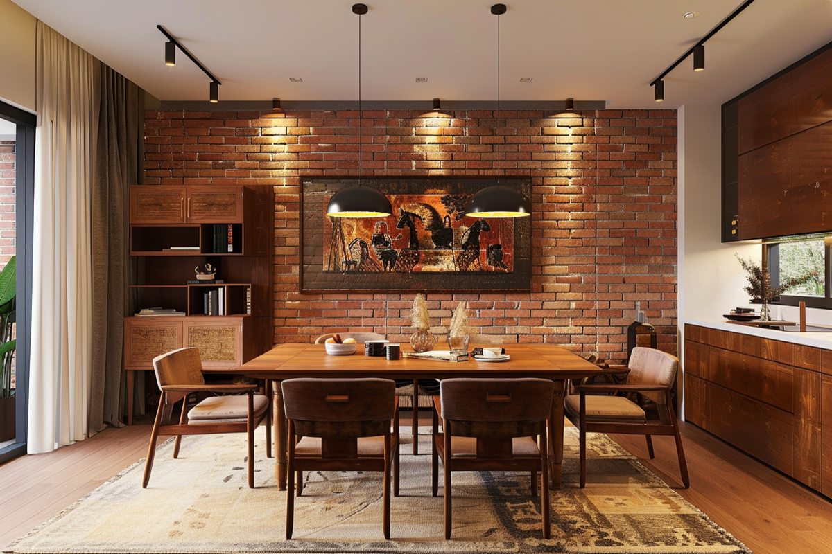 Rustic 4-Seater Wooden Dining Room Design With Red Brick Accent Wall