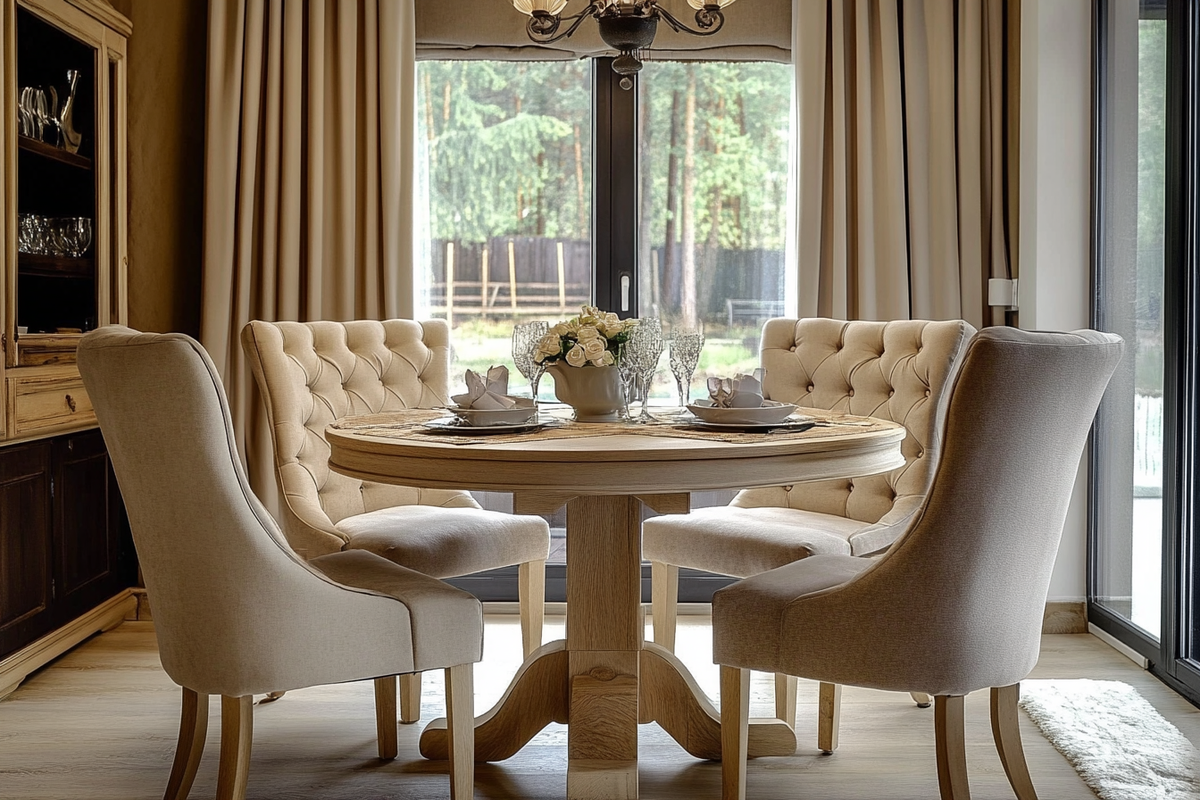 Classic 4-Seater Dining Room Design With Beige Cushions And A Seater