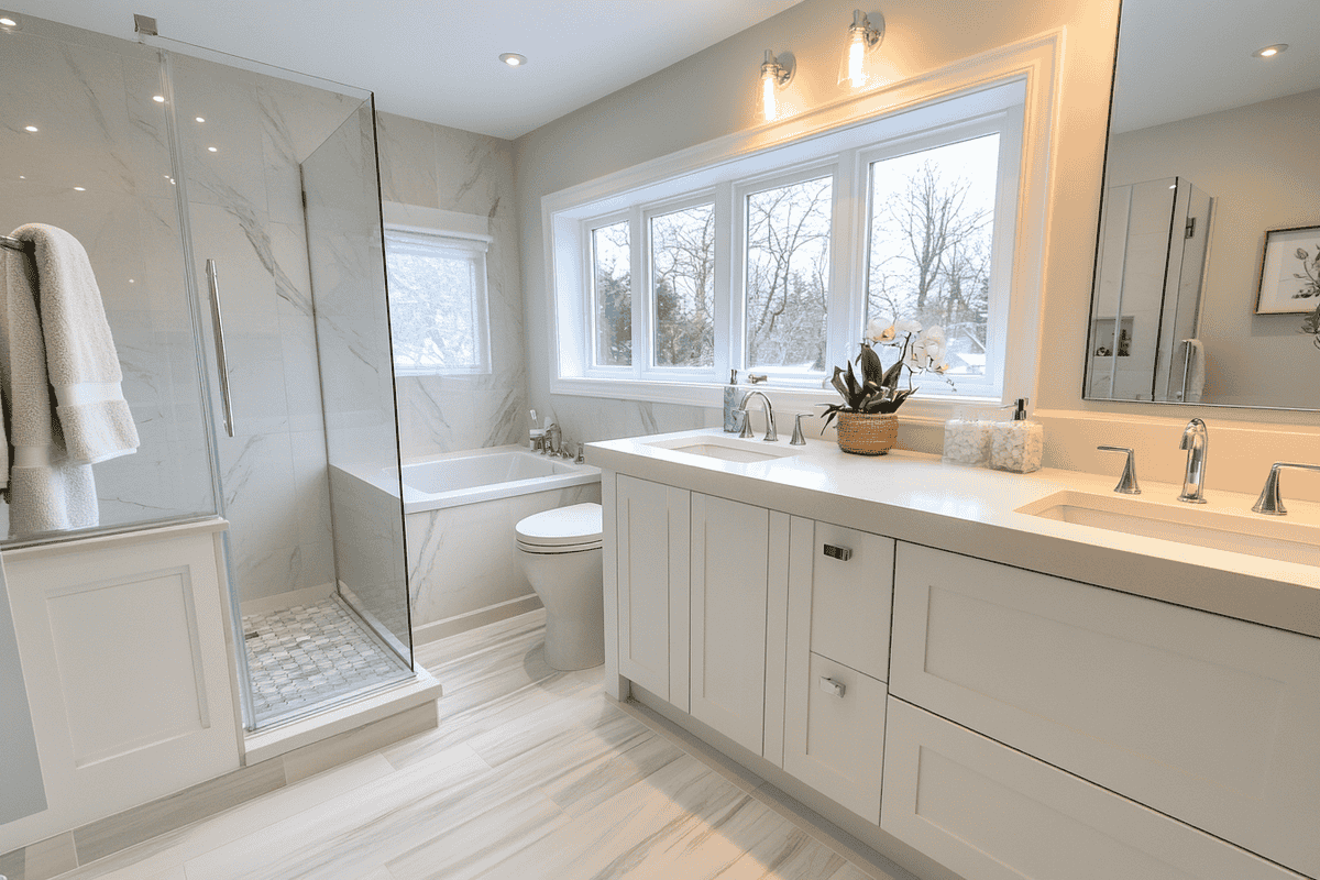 Contemporary White Bathroom Design with Glass Partition and Quartz Countertop