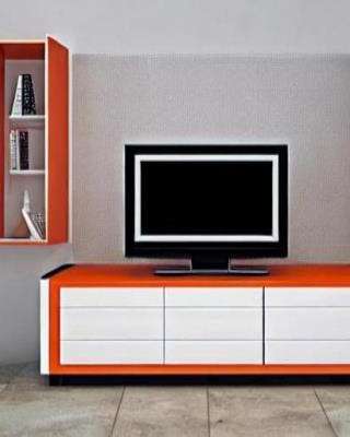 Classic TV Unit Design in Orange Laminate with Orange Wall Shelf
