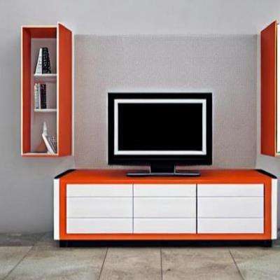 Classic TV Unit Design in Orange Laminate with Orange Wall Shelf