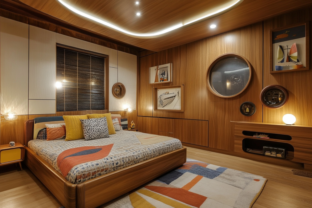 Art Deco Kids Bedroom Design With Wooden Panelled False Ceiling