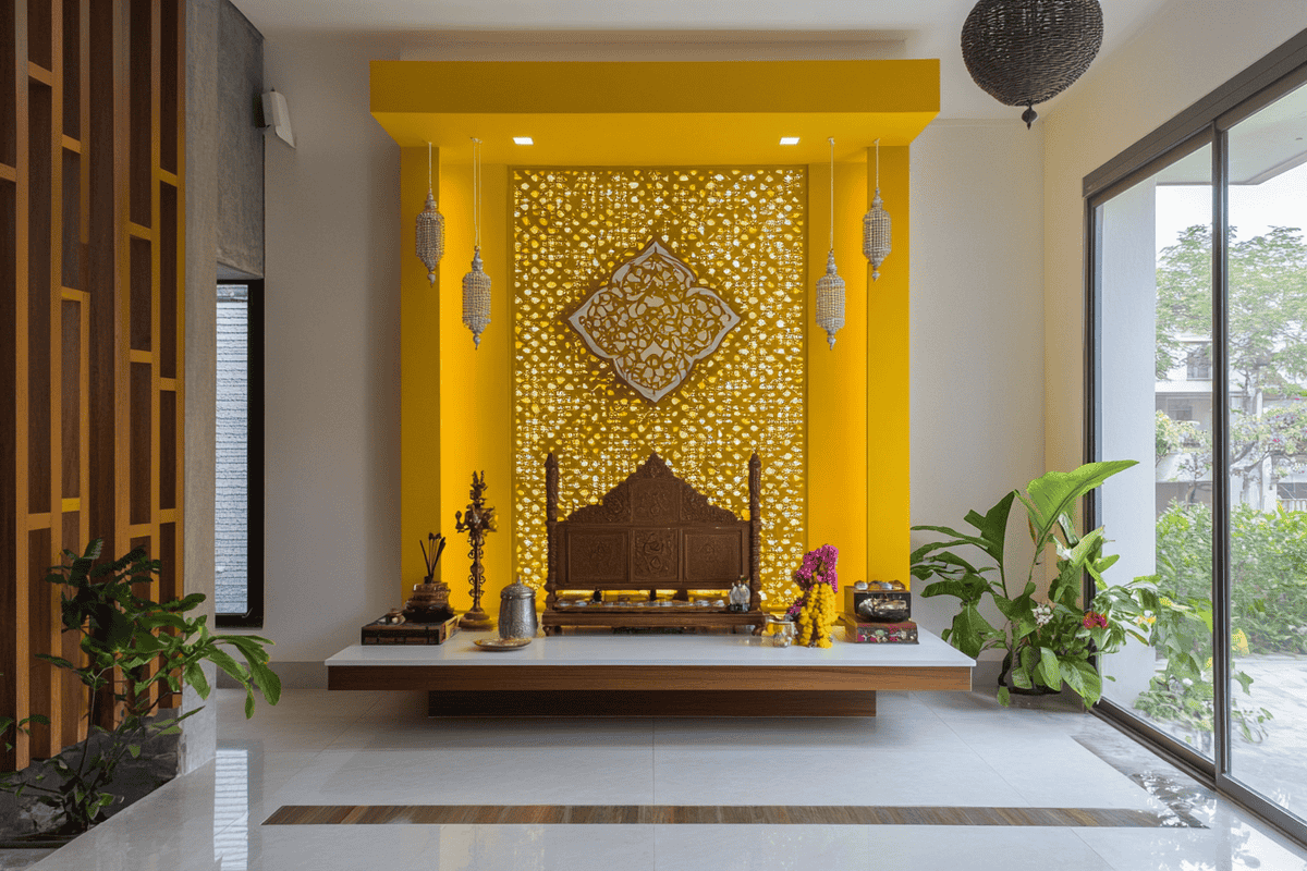 Contemporary Pooja Unit Design with Yellow Accent Wall