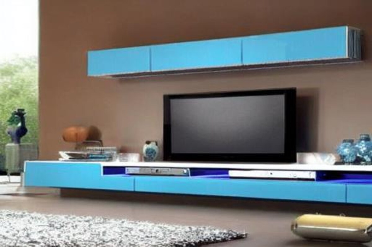 Modern TV Unit Design in Blue and Silver Laminate Modern TV Unit Design in Blue and Silver Laminate