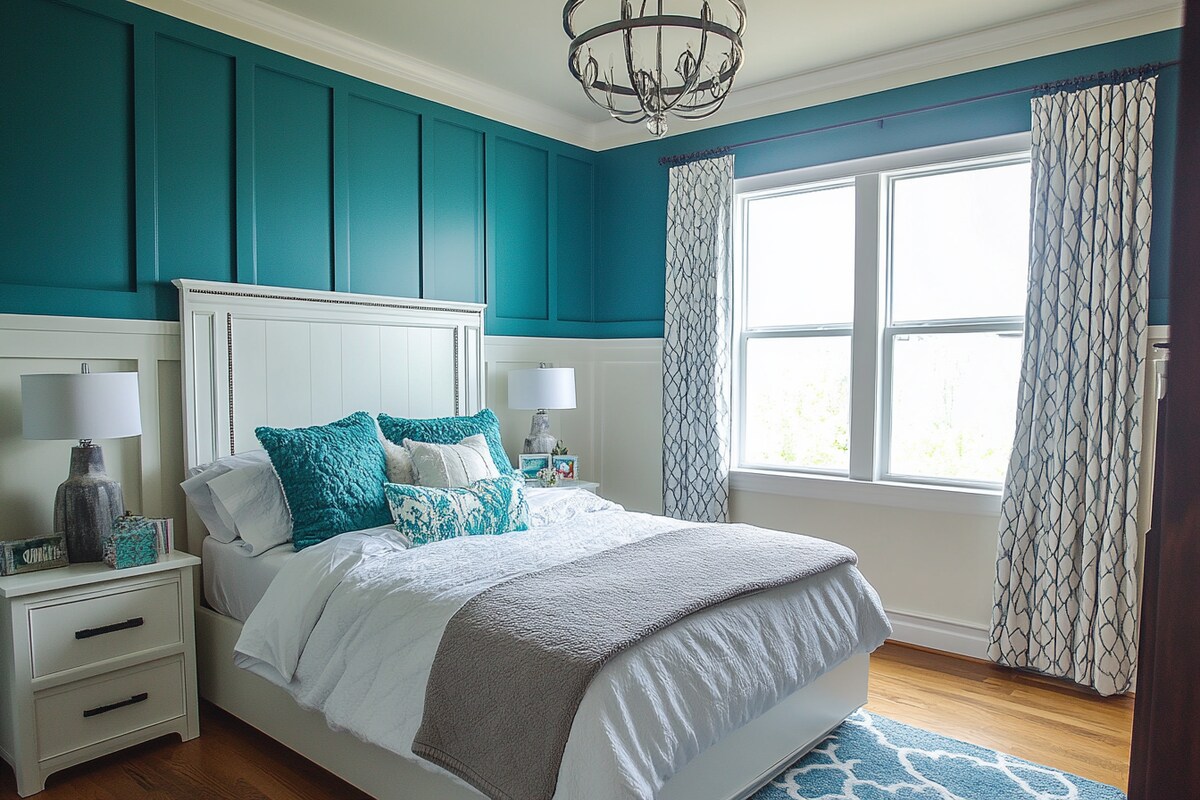 Modern Dual Tone Bedroom Wall Design With White And Teal Blue Paint And Trims Modern Dual Tone Bedroom Wall Design With White And Teal Blue Paint And Trims