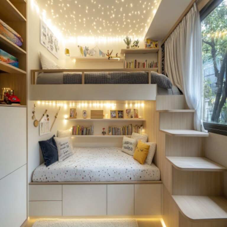 Modern Kids Bedroom Design with Bunk Bed and Study Space