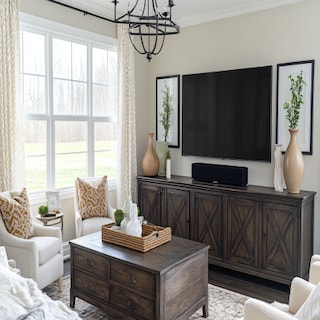 Modern Floor-Mounted Wood and White TV Unit Design with Wooden Wall Panelling