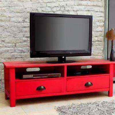 Rustic TV Unit Design in Red with Exposed Grey Walls
