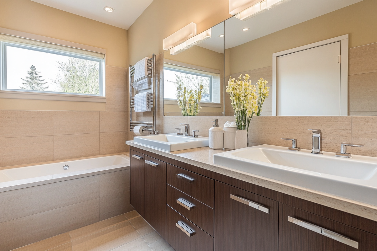 Modern Beige Bathroom Design With Dark Wood Vanity Unit