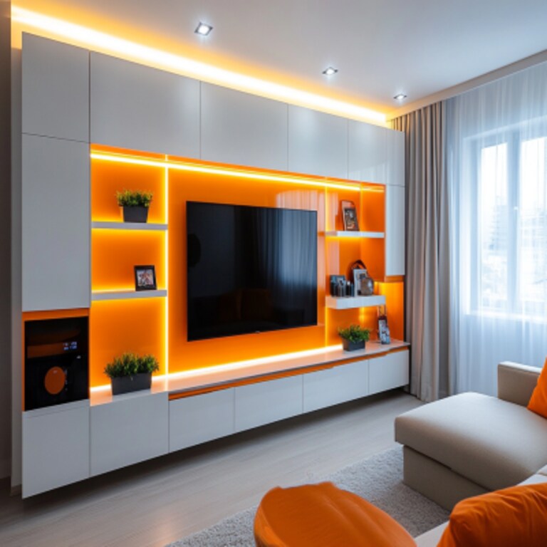 Modern Wall Mounted TV Unit Design with Orange and White Accents