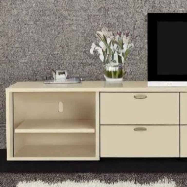 Modern TV Unit Design in Beige and Cream Laminate with Flower Vase