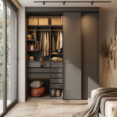 Contemporary 2-door Dove Grey Sliding Door Wardrobe Design With Loft Storage