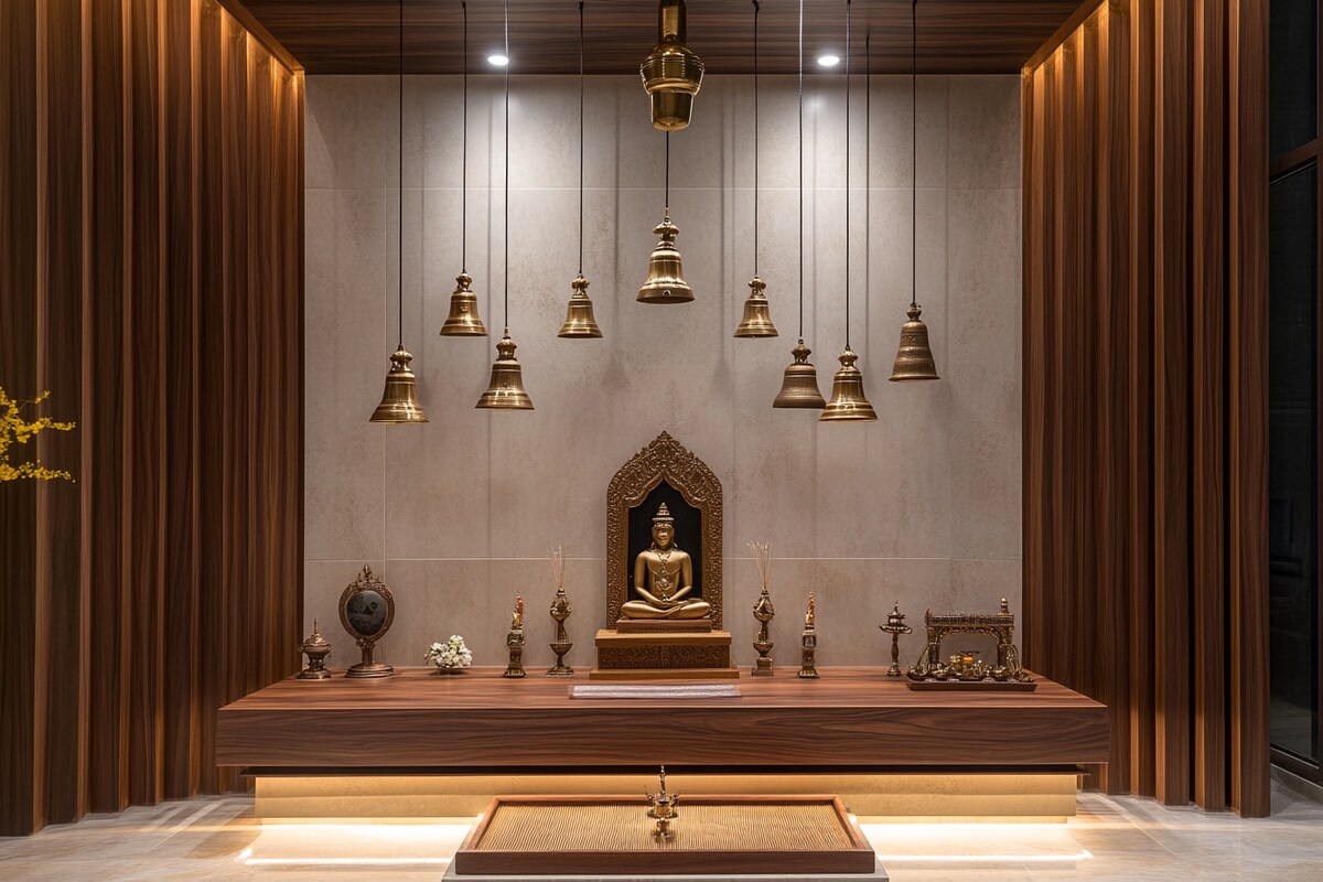 Modern Mandir Design With Wooden Slabs And Hanging Bells