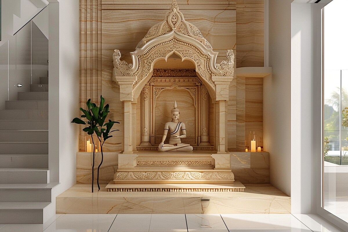 Modern Beige Floor-Mounted Mandir Design Modern Beige Floor-Mounted Mandir Design