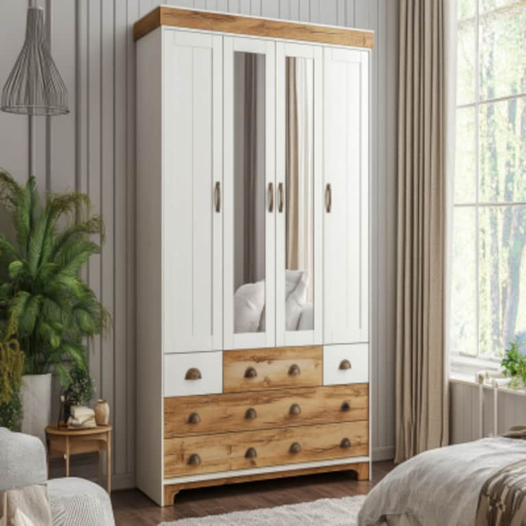 Scandinavian White And Wood 4-Door Swing Wardrobe Design With Under-Cupboard Storage