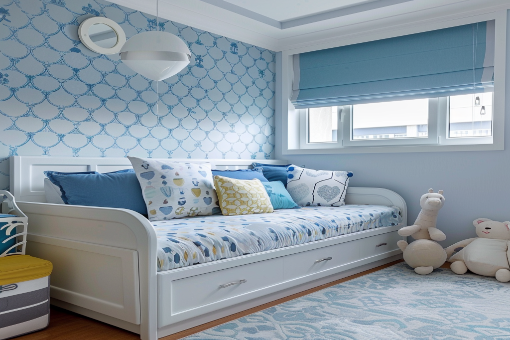 Modern Kids Bedroom Design With White Sofa-Cum-Bed And Blue Patterned Wallpaper