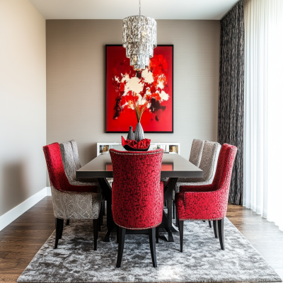 Contemporary 6-Seater Dining Room Design With Grey And Red Upholstered Chairs