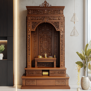 Indian Traditional Wooden Mandir Design With Panelling And Floor-Mounted Unit