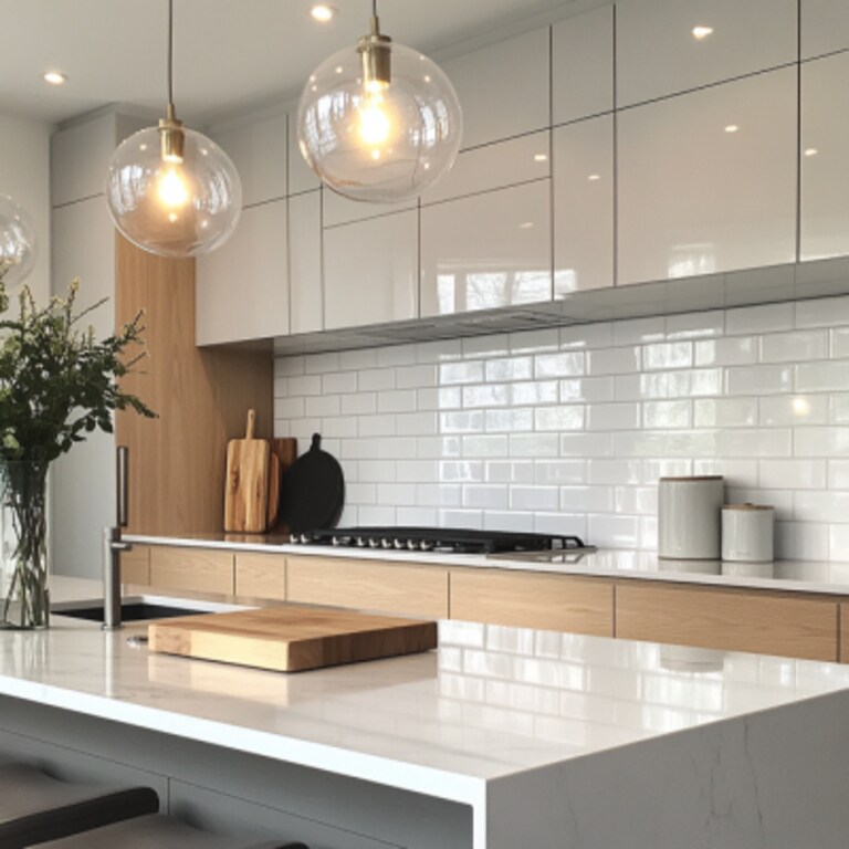 Glossy White and Grey Subway Ceramic Tiles Design for Modern Kitchens