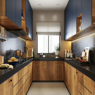 Modern Dark Blue And Wood Parallel Kitchen Cabinet Design With Black Countertop