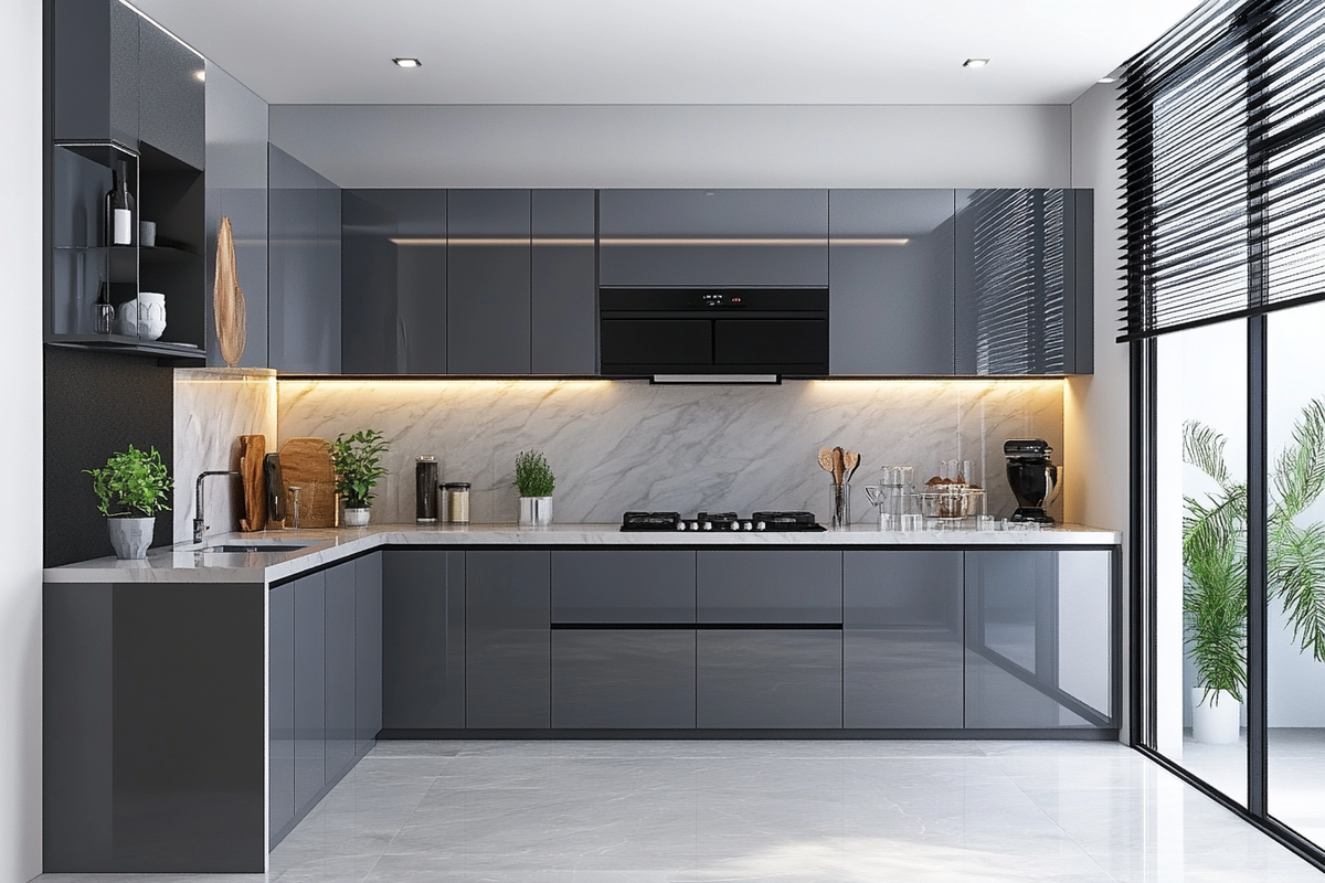 Modern Grey Modular L-Shaped Regalia Kitchen Design With Frosted Cabinet Shutters