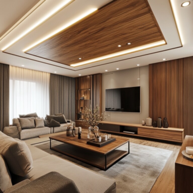 Rectangular Wooden False Ceiling Design With Recessed Cove Lights