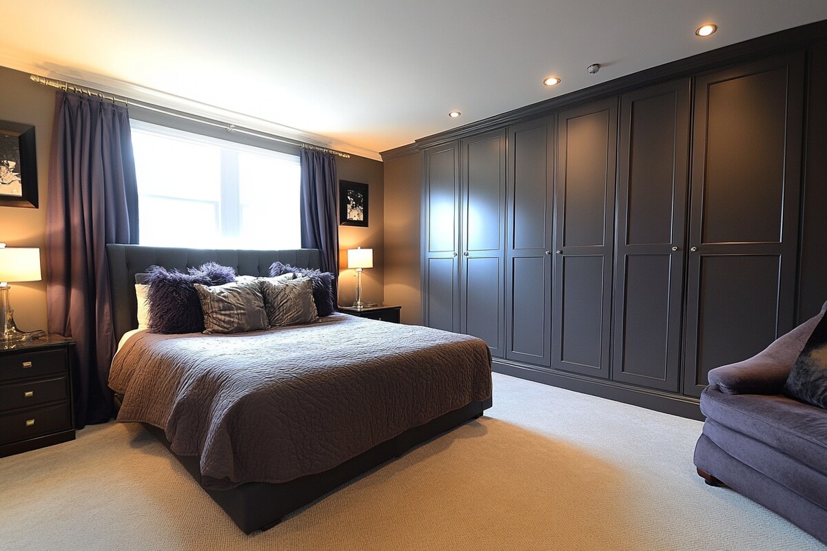 Modern Master Bedroom Design With 6-Door Grey Swing Wardrobe