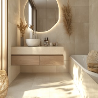 Bathroom Design with Beige Tiles, Quartz Countertop, and Storage