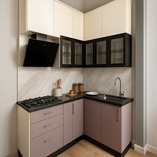 Contemporary Mauve and Cream L Shaped Kitchen with Glass Cabinets