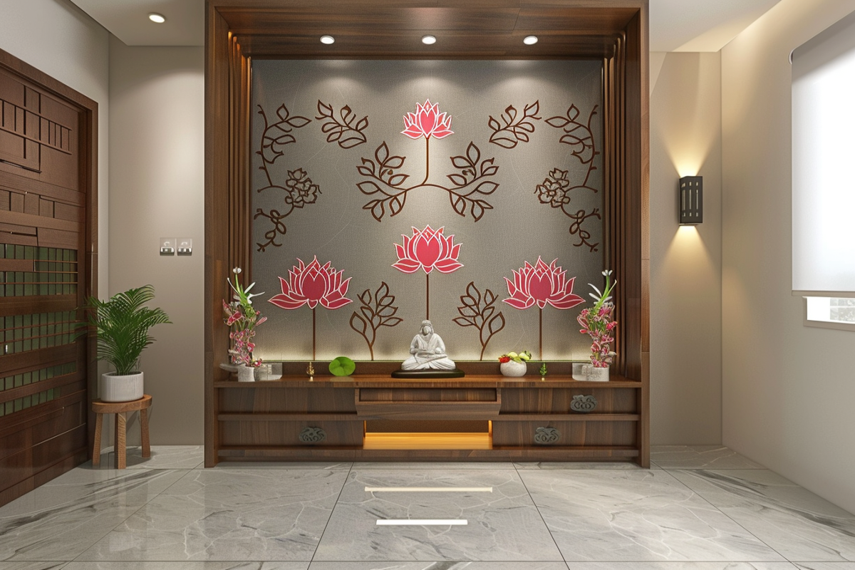 Modern Pooja Room Design With Floor-Mounted Wooden Storage And Grey Accent Wall With Lotus Motifs