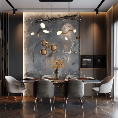 Modern 6-Seater Wood And Grey Dining Room Design With Gold Wall Decor